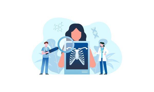 Radiologist concept illustration. Doctor examine x-ray image of human body with computed tomography, mri and ultrasound.