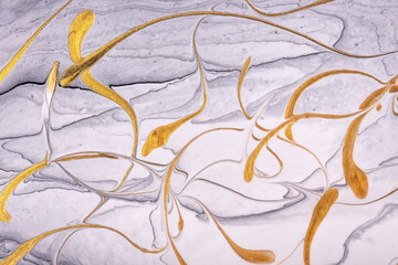 Abstract fluid art background gray and golden colors. Liquid marble. Acrylic painting on canvas with white gradient