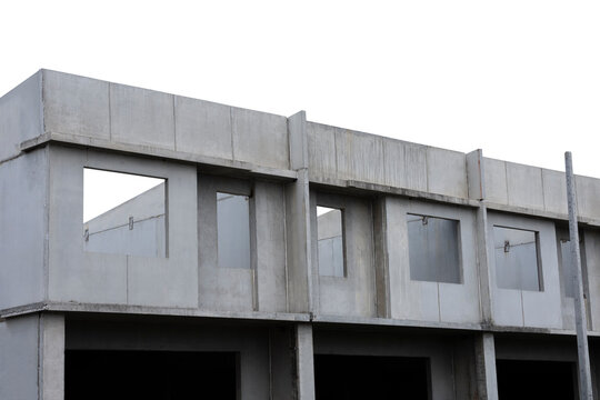 Precast concrete walls on building structures with clipping, Precast concrete manufactory product for construction industrial, Concrete wall panel, Building construction.