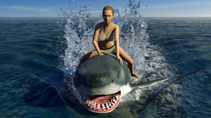акуле        Image of a girl swimming on a shark 3D illustration