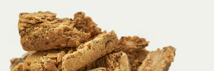 Halva concept. Trend turkish food. Sweet bakery. Cookies. Yummy dessert. Blue and yellow. Holiday recipe. Anniversary gourmet. Breakfast cake slice. Flax