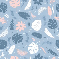 Vector seamless patterns of tropical leaves, plants, flowers on blue and pink. Beautiful print with exotic plants. Botanical design of fabrics, wallpapers, natural cosmetics, perfumes