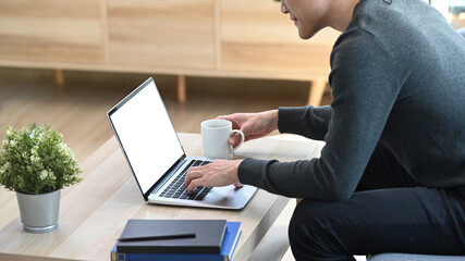 Side view of young asian man freelancer working online with computer laptop while sitting on sofa at home.