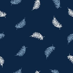 Seamless pattern of Tropical Fern leaves on dark blue. Beautiful print with exotic plants. Botanical design of fabrics, wallpapers for natural cosmetics, perfumes, women's products.