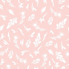 Fototapeta na wymiar Pink seamless pattern with small plants. Botanical design of fabrics, wallpapers, natural cosmetics, perfumes, wrappers. Background with delicate white flowers and plants. Vector illustration, flat