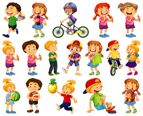 Children doing different activities cartoon character set on white background