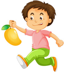 Happy boy cartoon character holding a mango