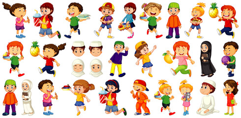 Children doing different activities cartoon character set on white background