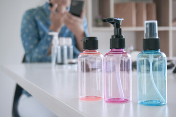 Professional Woman blogger vlogger is showing cosmetics products with recording video  makeup artist applies blush powder and working with beautiful asian woman video online marketing