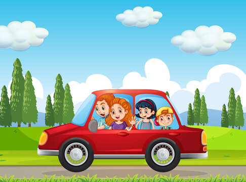 Happy family travelling in nature scene by red car