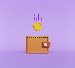 wallet and falling coin. saving money concept. minimal design. 3d rendering