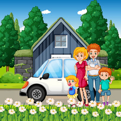 Happy family standing outside home with a car