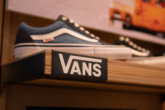 Bangkok, Thailand - September 14, 2020 : Vans, an American manufacturer of skateboarding shoes, logo on the shelf.