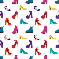 Seamless pattern with women's shoes.Fashion High-heeled Shoes, Boots, Sandals. Flat vector illustration