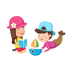 Rest and hobby of children reading book and playing with toy vector