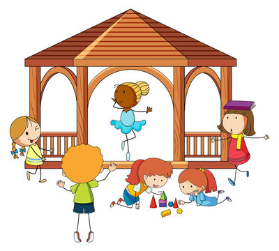 kids playing near wooden gazebo clip art preview