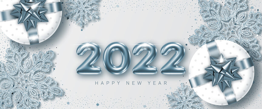 2022 New Year card template with 3d numbers, glittering decorative snowflakes and gift boxes