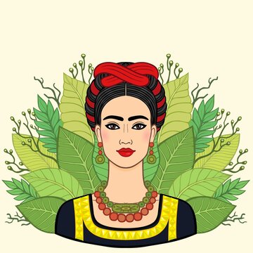 Portrait of the beautiful Mexican woman in  ancient  clothes, a background - the stylized leaves of plants. Boho chic, ethnic, vintage. Vector illustration isolated. Print, poster, t-shirt, card.