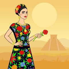 ancient, animation, beautiful, black, braids, bright, cartoon, clothes, color, costume, culture, decorative, drawing, earrings, elegant, embroidery, ethnic, eyes, fashion, flowers, girl, gold, graphic