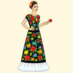 Beautiful Mexican woman in an ancient dress. Full growth. Isolated on a white background.