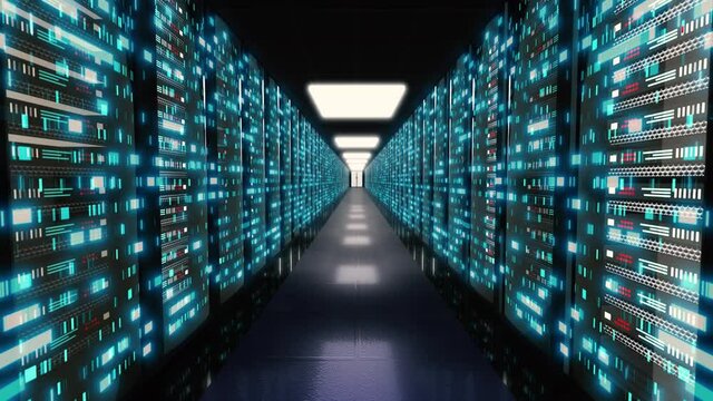 Server room with servers behind glass panels in data center or ISP. Big data storage. Virtual hi tech animation. Concept of data transmission, computer communication, digital information travels.