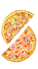 Pizza, two halves isolated on a white background. Versus concept. Appetizing pizza.