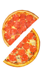 Pizza, two halves isolated on a white background. Versus concept. Appetizing pizza.