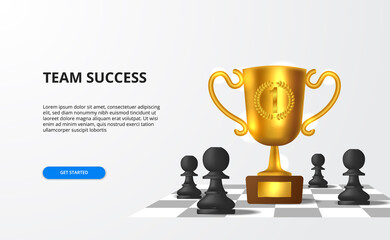 Big successful for team strategy business with big 3d realistic trophy with pawn chessboard.