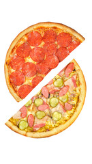 Pizza, two halves isolated on a white background. Versus concept. Appetizing pizza.