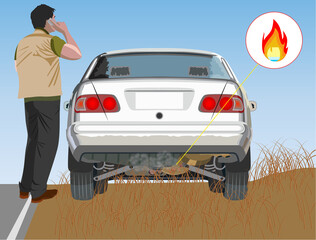 Car with hot tail pipe parked over dry grass