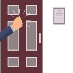 A knock on the door. The hand or fist of a businessman, manager, courier, postman is knocking. Visit. The requirement to enter the room. Vector image