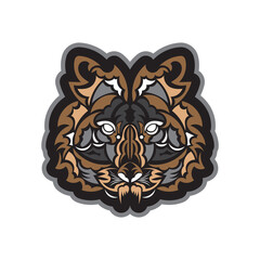 Color Print Polynesian style tiger face. For textiles, postcards, tattoos or T-shirts. Vector