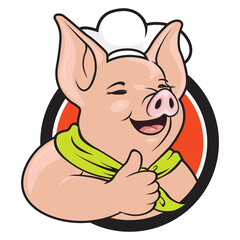 Cartoon pig chef gives thumb up logo. 