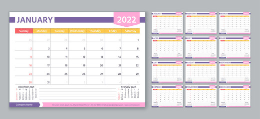 Planner 2022 year. Calendar template. Week starts Sunday. Vector. Yearly stationery organizer. Table schedule grid. Calender layout. Horizontal monthly diary with 12 month. Simple color illustration.