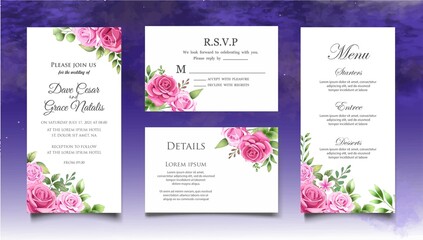Fototapeta na wymiar Wedding invitation set with beautiful flower and leaves