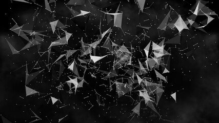 Black and White blurred abstract plexus particle effect background. Mess communication technology network background with moving lines and dots. Tech connection futuristic web concept texture. 