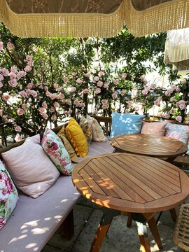 Vintage Outdoor Patio Decertations For A Tea Party At A Bridal Shower. Sun Shining Through. Fancy Floral Pillows. Bouquet Of Pink Blooming Rose Bush In The Background.