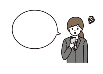 スマートフォンの操作で困っているスーツ姿の若い女性 吹き出し