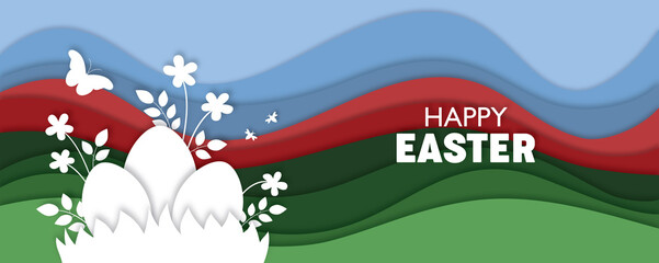 Easter egg hunt papercut design, spring nature, easter holidays 3d floral illustration