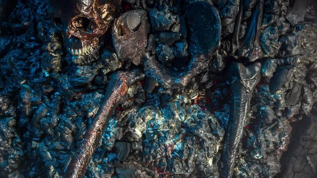 Halloween prop sfx. Burnt human remains are examined by a flashlight.