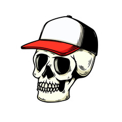 Illustration of human skull in baseball cap isolated on white background. Design element for logo, label, sign, emblem, poster. Vector illustration