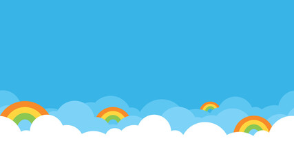 Colorful rainbow with white cloud and bright blue sky bottom border seamless pattern.