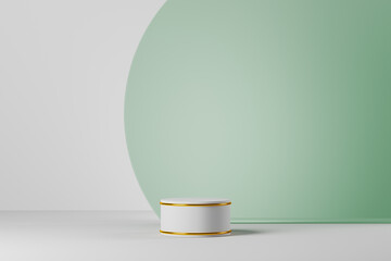 The white podium in front of green circle backdrop in the scene, minimal mockup for for branding and product presentation.