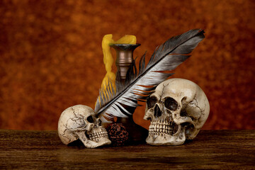Sill life with skulls, old candles and feathers on an old iron plate background.