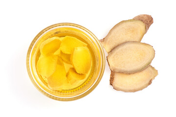 Ginger rhizome and oil isolated on white background.top view,flat lay.