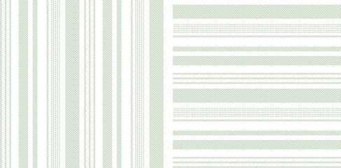 Stripe pattern set in green and white. Herringbone textured light asymmetric abstract backgrounds for spring summer dress, trousers, shirt, pyjamas, other modern everyday casual fashion textile print.