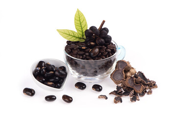 Fototapeta na wymiar Concept coffee mixed black galingale and mucuna herbs for health isolated on white background.