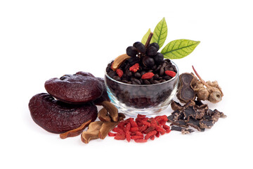 Concept coffee mixed black galingale, lingzhi and goji berry herbs for health isolated on white background.