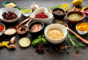 Various spices in a bowls on a black