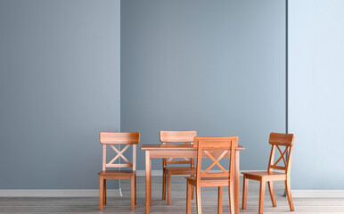 Mock up spacious modern dining room with wooden chairs and table. Minimalist dining room design for led light layout. 3D render.